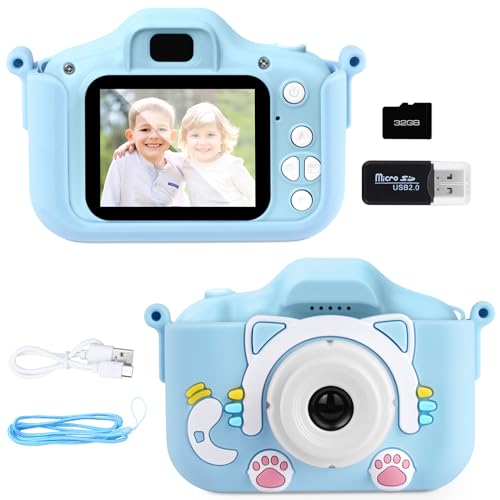 Ainiv Katze Kinder Kamera, 20MP Wiederaufladbar Kinder Digitalkamera, IPS-Bildschirm Kamera Kinder, 1080P HD Kamera mit 32G Karte, Kid Video Camcorder, Selfie Kinder für 3+ Jahre Jungen und Mädchen von Ainiv