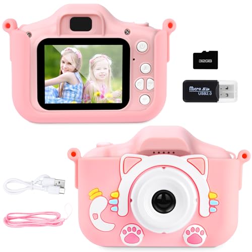 Ainiv Katze Kinder Kamera, 20MP Wiederaufladbar Kinder Digitalkamera, IPS-Bildschirm Kamera Kinder, 1080P HD Kamera mit 32G Karte, Kid Video Camcorder, Selfie Kinder für 3+ Jahre Jungen und Mädchen von Ainiv