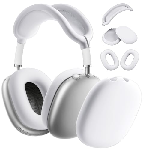 Ainiv Weiche Silikon Ohrpolster Schutz Abdeckungen + TPU Schutzhülle Hülle Cover Case + Kopfband Stirnband Headband Abdeckung für Apple AirPods Max Kopfhörer, Zubehör für Apple AirPods Max (Weiß) von Ainiv