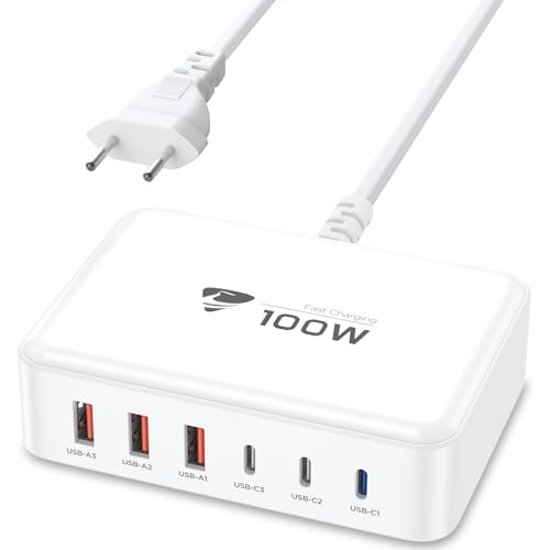 100W 6-Port USB C Ladegerät Mehrfach Mit 3 USB-C und 3 USB-A, Schnellladegerät PD 3.0 Power Adapter, Netzteil für iPhone 16 15 14 Pro/Pro Max, iPad, MacBook, Samsung, Handys 100W 6-Port USB C Ladegerät Mehrfach Mit 3 USB-C und 3 USB-A, Schnellladegerät PD 3.0 Power Adapter, Netzteil für iPhone 16 15 14 Pro/Pro Max, iPad, MacBook, Samsung, Handys von Aione