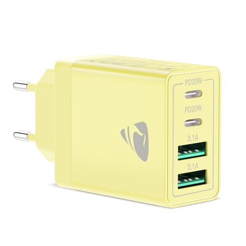 USB C ladegerät, 4-Port Schnellladegerät mit Intelligent QC USB-A und USB-C Power Adapter, 40W Netzteil Mehrfach USB Ladegerät für iPhone, Samsung, Handy Schnellladen Charger Ladestecker (Gelb) von Aioneus