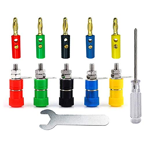 Aiqeer 20 Paare 4 mm Bananenstecker Bananenbuchse Steckverbinder Set, 20 Stück Vergoldet Bananenstecker und 20 Stück Binding Post Terminal (Rot, Gelb, Blau, Grün, Schwarz) von Aiqeer