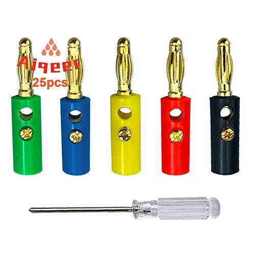 Aiqeer 25 Stück 4 mm Bananenstecker, Vergoldet Banane Lautsprecher Stecker, Lötfreier Bananensteckeradapter, für Lautsprecher, Audio/Video-Empfänger (Rot, Gelb, Blau, Grün, Schwarz) von Aiqeer