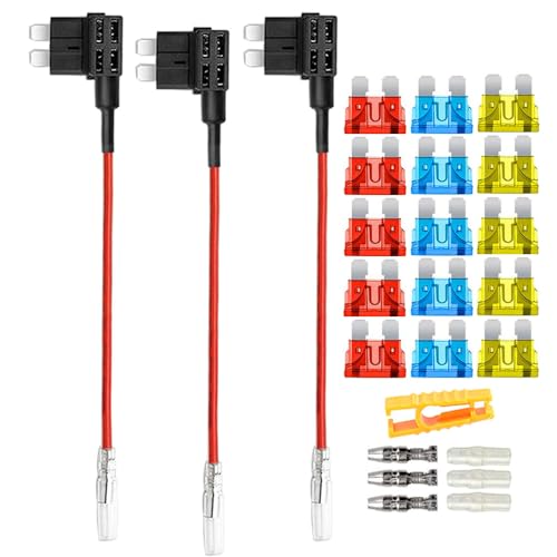 Aiqeer 3 Stück 12V / 24V Medium Add-a-Circuit Sicherung Taps, Auto Piggyback Sicherungshalter mit Kabelbaum, Gratis 15 Stück Standard Flachsicherungen und Sicherungszieher (Butt Terminal) von Aiqeer