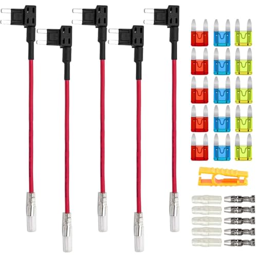 Aiqeer 5 Stück 12V / 24V Klein Add-a-Circuit Sicherung Taps, Auto Piggyback Sicherungshalter mit Kabelbaum, Gratis 15 Stück Mini Flachsicherungen und Sicherungszieher (Butt Terminal) von Aiqeer