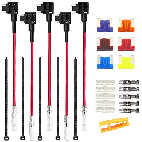 Aiqeer 5 Stück 12V / 24V Low-Profile Add-a-Circuit Sicherung Taps, Auto Piggyback Sicherungshalter mit Kabelbaum, Gratis 6 Stück Micro Flachsicherungen und Sicherungszieher (Butt Terminal) von Aiqeer
