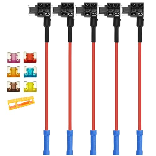 Aiqeer 5 Stück 12V / 24V Low-Profile Piggyback Sicherungshalter, Auto Add-a-Circuit Sicherung Tap mit Kabelbaum, Gratis 6 Stück Micro Flachsicherungen und Sicherungszieher (Crimp Terminal) von Aiqeer
