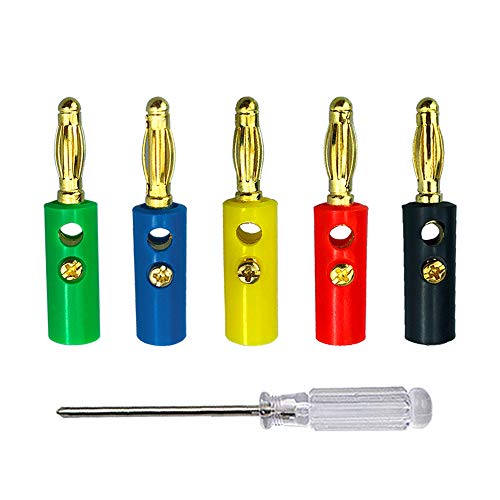 Aiqeer 50 Stück 4 mm Bananenstecker, Vergoldet Banane Lautsprecher Stecker, Lötfreier Bananensteckeradapter, für Lautsprecher, Audio/Video-Empfänger (Rot, Gelb, Blau, Grün, Schwarz) von Aiqeer