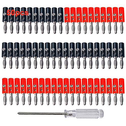 Aiqeer 50 Stück 4 mm Bananenstecker, Vernickelt Banane Lautsprecher Stecker, Lötfreier Bananensteckeradapter, für Lautsprecher, Audio/Video-Empfänger (Rot, schwarz) von Aiqeer