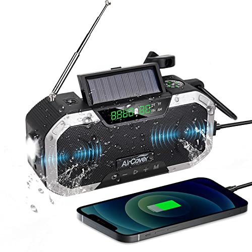 Solar Radio, 5000 mAh Kurbelradio Bluetooth Lautsprecher Tragbares AM/FM Notfall Radio IPX5 Dynamo Wetter Radio, Notfallversorgung Überlebensausrüstung mit Taschenlampe PowerBank für Outdoor Camping von AirCover