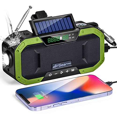 AirGearPro Kurbelradio Bluetooth mit Handyladefunktion Solar, 5000 mAh Powerbank mit USB-Ausgang, FM/AM, Dynamo, IPX5 wasserdicht, LED-Taschenlampe, Notfallradio ideal für Outdoor, Reisen, Wandern von AirGearPro
