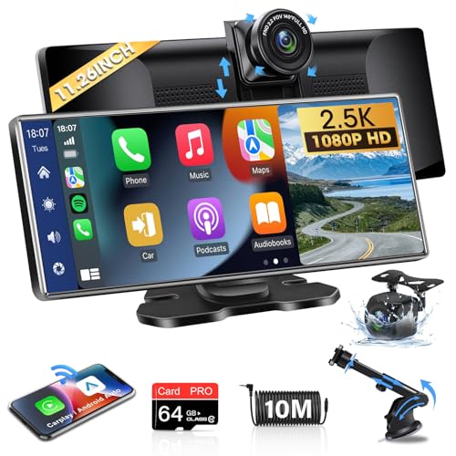 11.26 Zoll Großer Bildschirm Carplay Display Wireless Carplay Android Auto Display, Carplay Display mit 2.5K+1080P Dashcam Auto Vorne Hinten mit Bluetooth Mirror Link 64G SD-Karte von Airpuxem