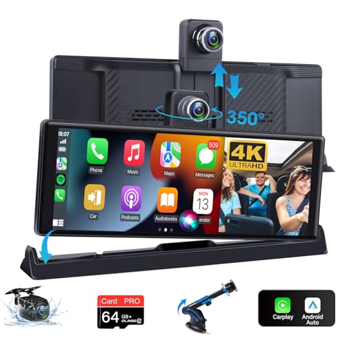 4K Carplay Display mit 350° Drehen Dashcam Auto Vorne, 10,26 Zoll Carplay Display Android Auto Display mit Stabile Buddy Display Halterung Bluetooth Mirror Link Siri G-oogle 64G TF-Karte von Airpuxem