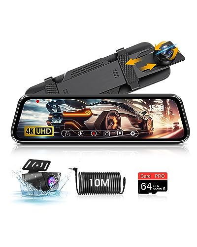 4K Spiegel Dashcam mit Rückfahrkamera 10" IPS Voll-Touchscreen Dashcam Auto Vorne Hinten mit 64G SD Karte Spiegel Dashcam IP69 wasserdichte Rückfahrkamera mit WDR Typ-C G-Sensor 10M Kabel von Airpuxem