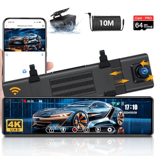 4K WiFi Rückfahrkamera Spiegel, Spiegel Dashcam mit Rückfahrkamera mit 12" IPS-Touchscreen Auto Kamera Dashcam Auto Vorne Hinten mit 64G SD-Karte WDR 10M Kabel G-Sensor Loop-Aufnahme von Airpuxem