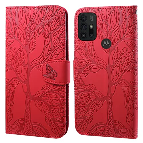 Aisenth Handyhülle für Motorola Moto G30/Moto G10, Baum Muster PU Leder Handytasche Brieftasche Klapphülle Etui Wallet Flip Case Schutz Hülle mit TPU innen Schale, Aufstellfunktion -Rot von Aisenth