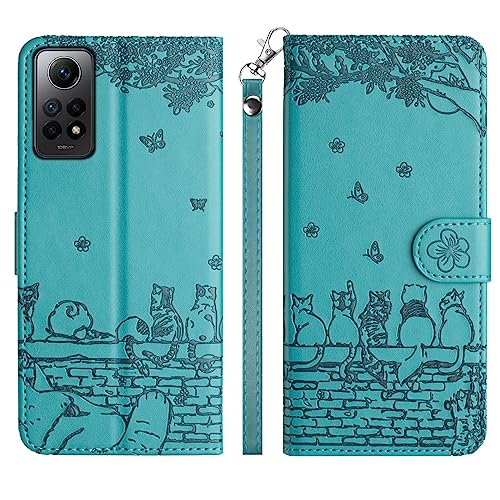 Aisenth Handyhülle für Redmi Note 12 Pro 5G/Xiaomi Poco X5 Pro 5G, Katze, Schmetterlings Muster Leder Handytasche Brieftasche Klapphülle Etui Flip Case Schutz Hülle mit Kartenfächer -Blau Grün von Aisenth