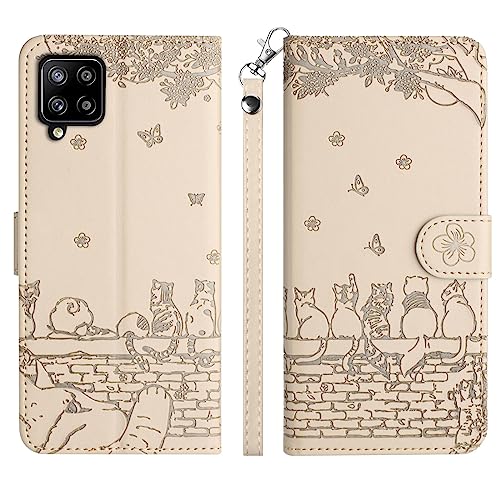 Aisenth Handyhülle für Samsung Galaxy A12/M12, Katze, Schmetterlings Muster Leder Handytasche Brieftasche Klapphülle Etui Flip Case Schutz Hülle mit Ständer, Magnet, Kartenfächer -Beige von Aisenth