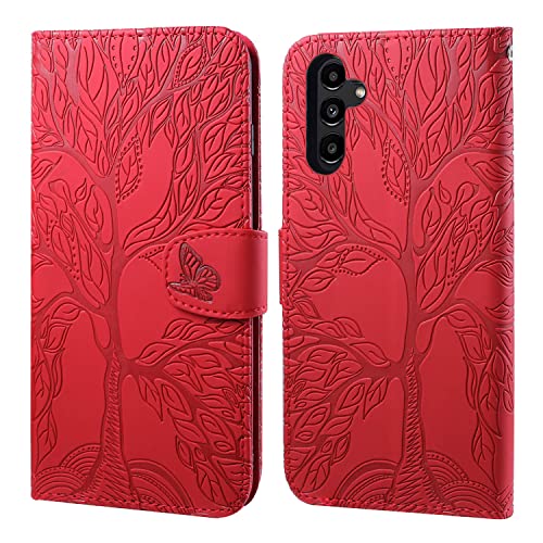 Aisenth Handyhülle für Samsung Galaxy A14 5G/A14, Baum Muster Leder Handytasche Brieftasche Klapphülle Etui Wallet Flip Case Schutz Hülle mit Kartenfächer, Aufstellfunktion -Rot von Aisenth