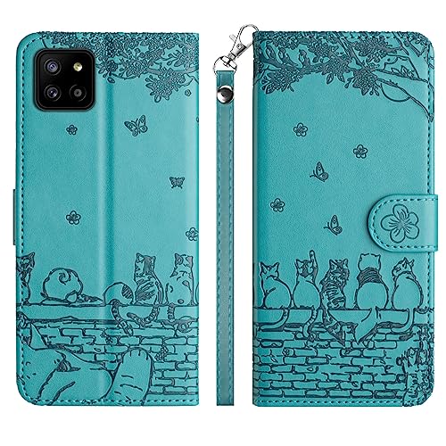 Aisenth Handyhülle für Samsung Galaxy A22 5G, Katze, Schmetterlings Muster Leder Handytasche Brieftasche Klapphülle Etui Flip Case Schutz Hülle mit Ständer, Magnet, Kartenfächer -Blau Grün von Aisenth