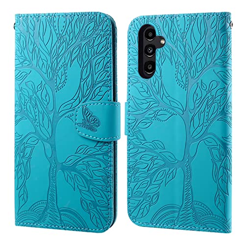 Aisenth Handyhülle für Samsung Galaxy A34 5G, Baum Muster Leder Handytasche Brieftasche Klapphülle Etui Wallet Flip Case Schutz Hülle mit TPU innen Schale, Kartenfächer, Aufstellfunktion -Blau Grün von Aisenth