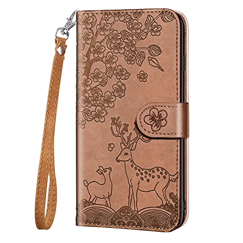 Aisenth Handyhülle für Samsung Galaxy A40, Blumen Hirsche Muster PU Leder Handytasche Kitz Rotwild Brieftasche Magnetisch Klapphülle Etui Schutz hülle mit Kartenfächer, Aufstellfunktion -Braun von Aisenth