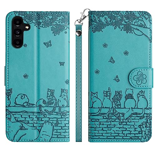 Aisenth Handyhülle für Samsung Galaxy A54 5G, Katze, Schmetterlings Muster Leder Handytasche Brieftasche Klapphülle Etui Flip Case Schutz Hülle mit Ständer, Magnet, Kartenfächer -Blau Grün von Aisenth