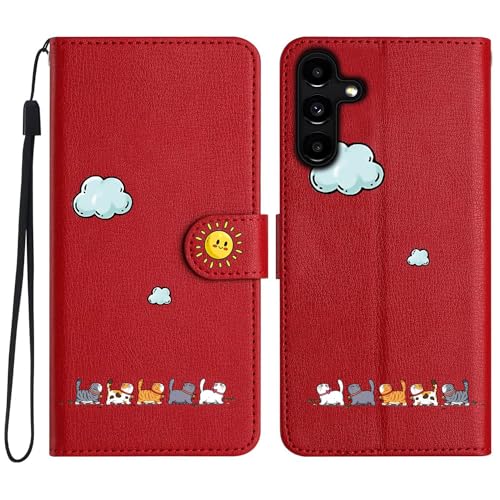 Aisenth Handyhülle für Samsung Galaxy A54 5G, Niedlich Katze Tier Wolke Sonne PU Leder Handytasche Brieftasche Klapphülle Etui Flip Case Schutz Hülle mit Ständer, Magnet, Kartenfächer -Rot von Aisenth