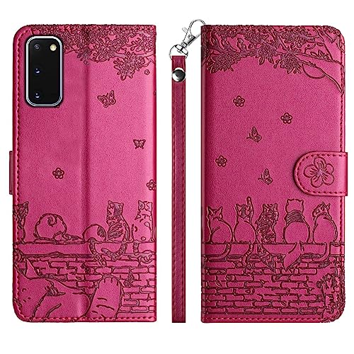 Aisenth Handyhülle für Samsung Galaxy S20+ Plus, Katze, Schmetterlings Muster Leder Handytasche Brieftasche Klapphülle Etui Flip Case Schutz Hülle mit Ständer, Kartenfächer -Violett Rot von Aisenth