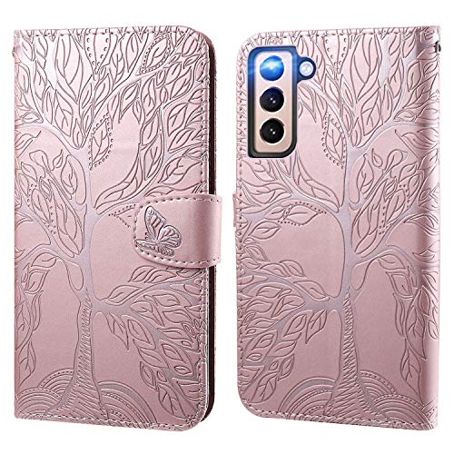 Aisenth Handyhülle für Samsung Galaxy S21 FE 5G, Baum Muster Leder Handytasche Brieftasche Klapphülle Etui Wallet Flip Case Schutz Hülle mit TPU innen Schale, Kartenfächer -Rosa von Aisenth