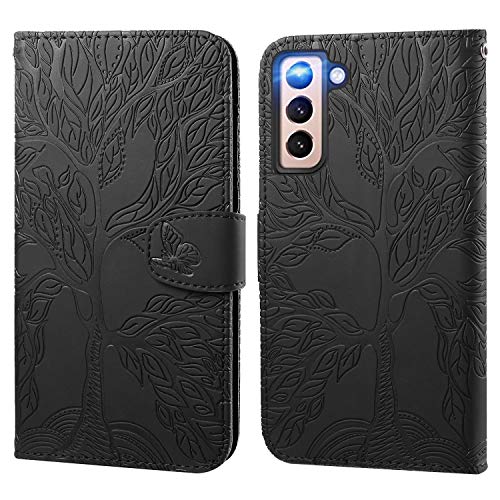 Aisenth Handyhülle für Samsung Galaxy S21 FE 5G, Baum Muster Leder Handytasche Brieftasche Klapphülle Etui Wallet Flip Case Schutz Hülle mit TPU innen Schale, Kartenfächer -Schwarz von Aisenth