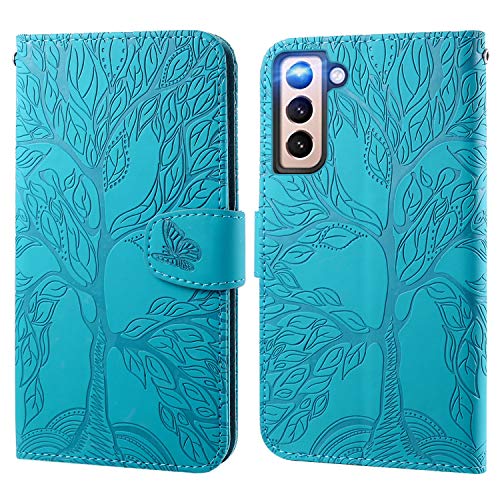 Aisenth Handyhülle für Samsung Galaxy S22 5G, Baum Muster Leder Handytasche Brieftasche Klapphülle Etui Wallet Flip Case Schutz Hülle mit TPU innen Schale, Kartenfächer, Aufstellfunktion -Blau Grün von Aisenth