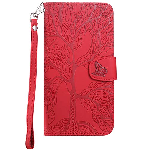 Aisenth Handyhülle für Samsung Galaxy S9, Baum Muster Leder Handytasche Brieftasche Klapphülle Etui Wallet Flip Case Schutz Hülle mit Kartenfächer, Aufstellfunktion -Rot von Aisenth