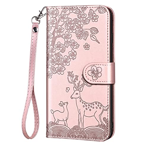 Aisenth Handyhülle für Samsung Galaxy S9, Blumen Hirsche Muster PU Leder Handytasche Kitz Rotwild Brieftasche Magnetisch Klapphülle Etui Schutz hülle mit Kartenfächer, Aufstellfunktion -Rosa von Aisenth