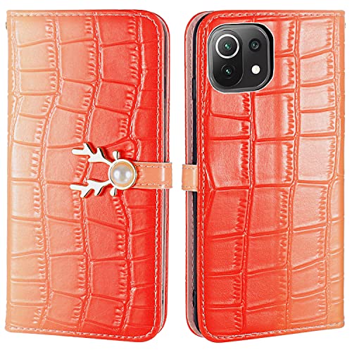 Aisenth Handyhülle für Xiaomi Mi 11 Lite (6,55 Zoll), Farbverlauf Krokodil Muster Handy Etui PU Leder Klapphülle Brieftasche Schutzhülle mit Hirschkopf Perle Magnetische Schnallen (Granatapfel Rot) von Aisenth