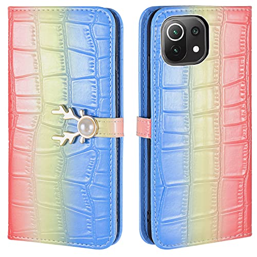 Aisenth Handyhülle für Xiaomi Mi 11 Lite (6,55 Zoll), Farbverlauf Krokodil Muster Handy Etui PU Leder Klapphülle Brieftasche Schutzhülle mit Hirschkopf Perle Magnetische Schnallen (Rosa/Blau) von Aisenth