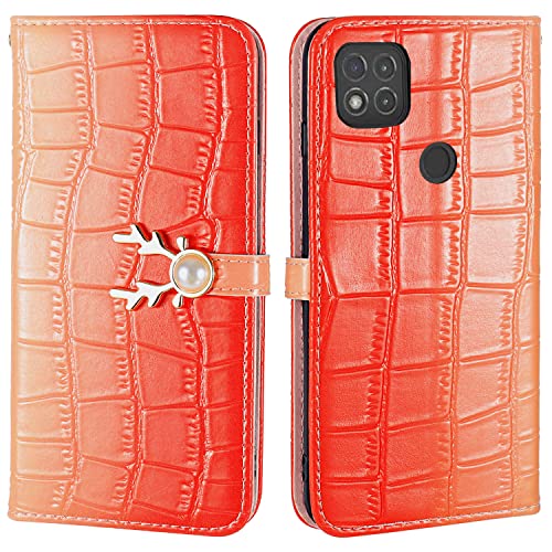 Aisenth Handyhülle für Xiaomi Redmi 9C (6,53 Zoll), Farbverlauf Krokodil Muster Handy Etui PU Leder Klapphülle Brieftasche Schutzhülle mit Hirschkopf Perle Magnetische Schnallen (Granatapfel Rot) von Aisenth