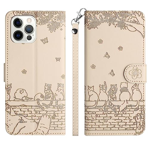 Aisenth Handyhülle für iPhone 12/iPhone 12 Pro (6,1 Zoll), Katze, Schmetterlings Muster Leder Handytasche Brieftasche Klapphülle Etui Schutz Hülle mit Ständer, Kartenfächer -Beige von Aisenth