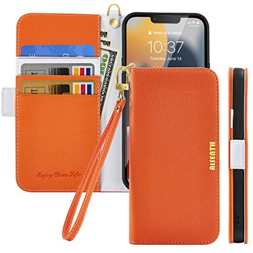 Aisenth Handyhülle für iPhone 12 Pro/iPhone 12, Litschi Muster PU Leder Tasche Brieftasche Klapphülle Etui Stoßfest Schutzhülle Flip Case mit Magnetverschluss, Kartenfach, Standfunktion -Orange von Aisenth