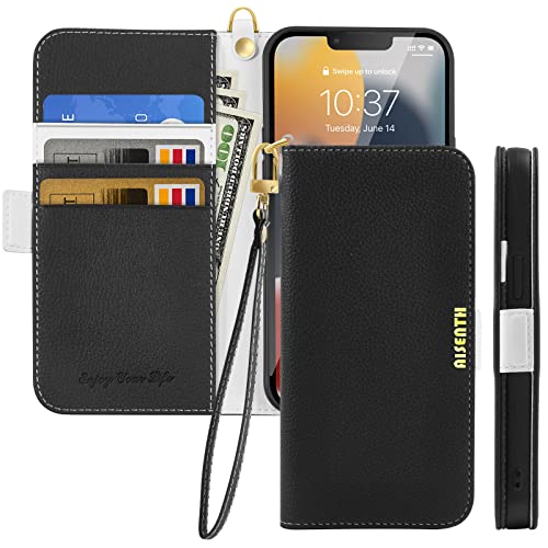 Aisenth Handyhülle für iPhone 12 Pro/iPhone 12, Litschi Muster PU Leder Tasche Brieftasche Klapphülle Etui Stoßfest Schutzhülle Flip Case mit Magnetverschluss, Kartenfach, Standfunktion -Schwarz von Aisenth