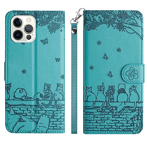 Aisenth Handyhülle für iPhone 12 Pro Max, Katze, Schmetterlings Muster Leder Handytasche Brieftasche Klapphülle Etui Flip Case Schutz Hülle mit Ständer, Kartenfächer -Blau Grün von Aisenth