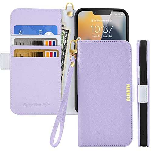 Aisenth Handyhülle für iPhone 13 (6,1 Zoll), Litschi Muster PU Leder Tasche Brieftasche Klapphülle Etui Stoßfest Schutzhülle Flip Case mit Magnetverschluss, Kartenfach, Standfunktion -Violett von Aisenth