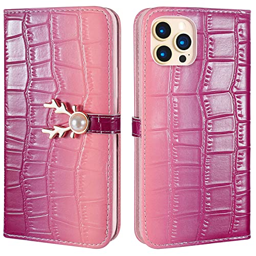 Aisenth Handyhülle für iPhone 13 Pro (6,1 Zoll), Farbverlauf Krokodil Muster Handy Etui PU Leder Klapphülle Brieftasche Schutzhülle mit Hirschkopf Perle Magnetische Schnallen (Violett/Rosa) von Aisenth