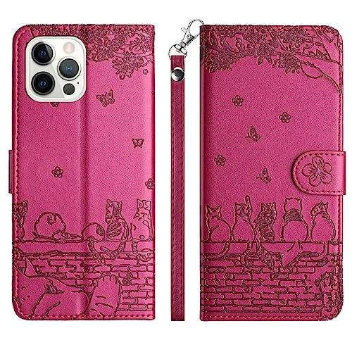 Aisenth Handyhülle für iPhone 14 Pro (6,1 Zoll), Katze, Schmetterlings Muster Leder Handytasche Brieftasche Klapphülle Etui Flip Case Schutz Hülle mit Ständer, Kartenfächer -Violett Rot von Aisenth