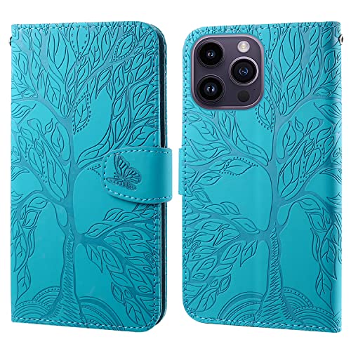 Aisenth Handyhülle für iPhone 14 Pro (6.1 inch), Baum Muster Leder Handytasche Brieftasche Klapphülle Etui Wallet Flip Case Schutz Hülle mit TPU innen Schale, Kartenfächer, Aufstellfunktion -Blau Grün von Aisenth