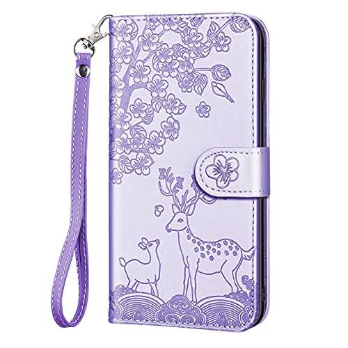 Aisenth Handyhülle für iPhone 6/iPhone 6S, Blumen Hirsche Muster PU Leder Handytasche Kitz Rotwild Brieftasche Magnetisch Klapphülle Etui Schutz hülle mit Kartenfächer, Aufstellfunktion -Lila von Aisenth