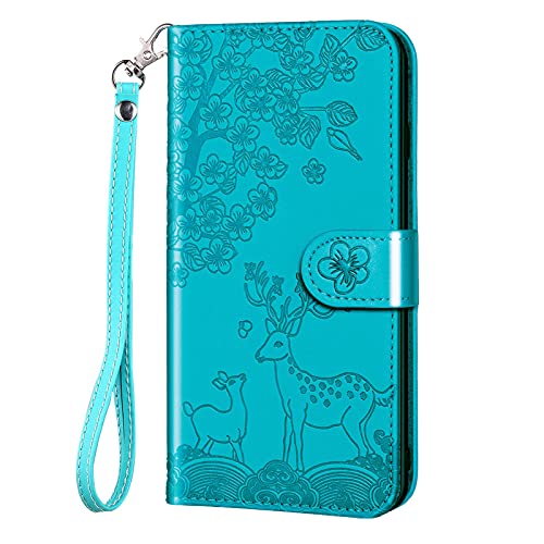 Aisenth Handyhülle für iPhone 7/8/SE 2020 (4,7 Zoll), Blumen Hirsche Muster PU Leder Handytasche Kitz Rotwild Brieftasche Klapphülle Etui Schutz hülle mit Kartenfächer, Aufstellfunktion -Blau Grün von Aisenth