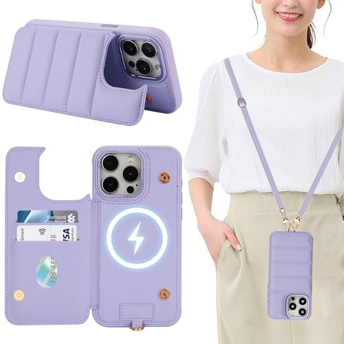 Aisenth Handyhülle mit Band für iPhone 12/iPhone 12 Pro, Stoßfest PU-Leder Brieftasche Klapphülle Schutzhülle mit [RFID Blocker] Kartenfach, Ständer, Crossbody Case für Frauen/Männer, Hellviolett von Aisenth