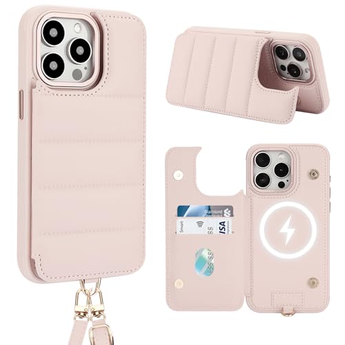 Aisenth Handyhülle mit Band für iPhone 12/iPhone 12 Pro, Stoßfest PU-Leder Brieftasche Klapphülle Schutzhülle mit [RFID Blocker] Kartenfach, Ständer, Crossbody Case für Frauen/Männer, Hellrosa von Aisenth