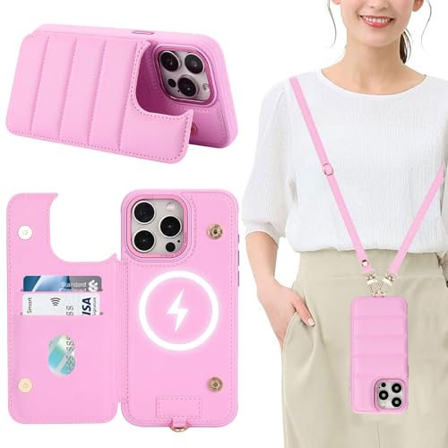Aisenth Handyhülle mit Band für iPhone 12/iPhone 12 Pro, Stoßfest PU-Leder Brieftasche Klapphülle Schutzhülle mit [RFID Blocker] Kartenfach, Ständer, Crossbody Case für Frauen/Männer, Rosa von Aisenth